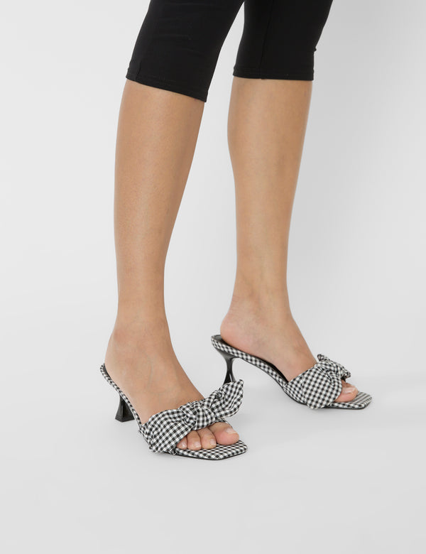 Public Desire Soleil Black Gingham Bow Mule Square Toe Mid Heels