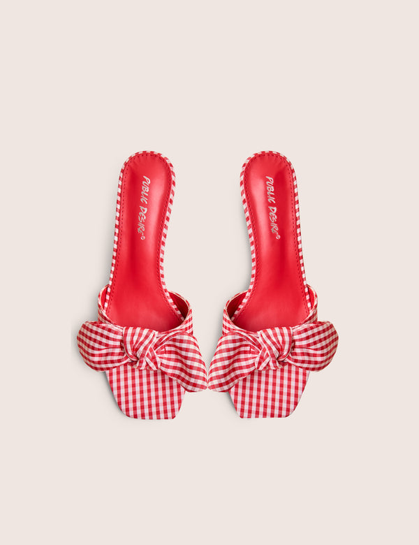 Public Desire Soleil Red Gingham Bow Mule Square Toe Mid Heels