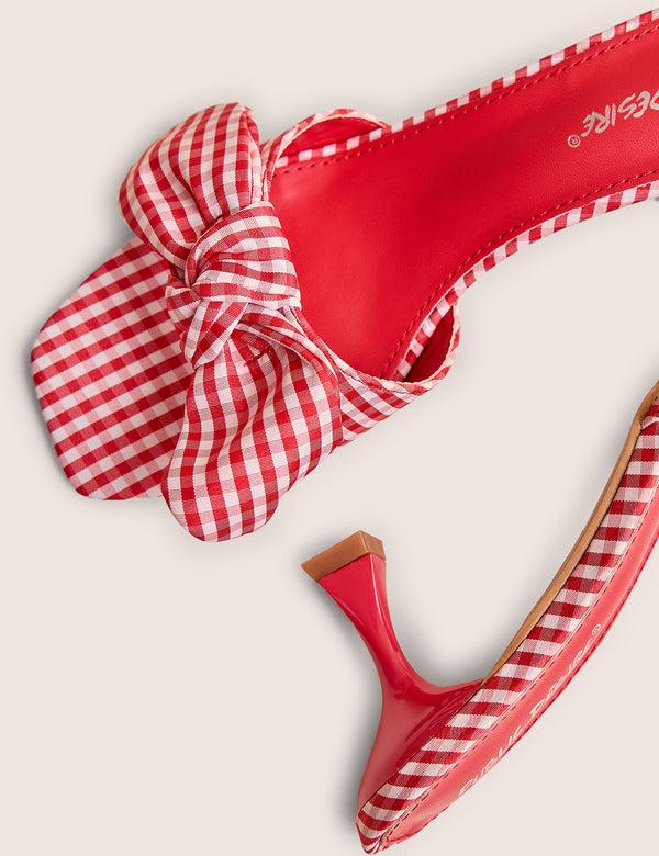 Public Desire Soleil Red Gingham Bow Mule Square Toe Mid Heels