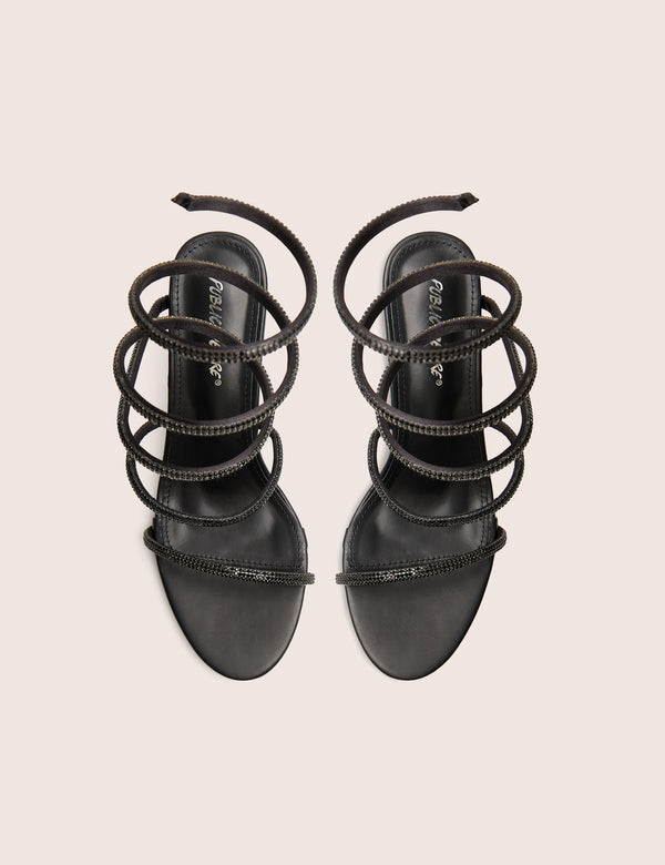 Public Desire Spiral Black Diamante Wrap Around Ankle Mid Heels