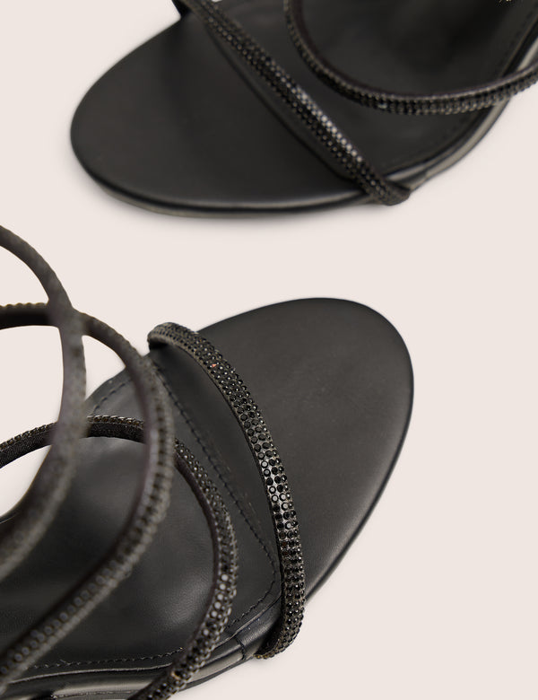 Public Desire Spiral Black Diamante Wrap Around Ankle Mid Heels