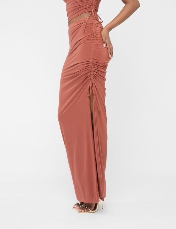 Public Desire Split Leg Ruched Detail Slinky Maxi Skirt Rust