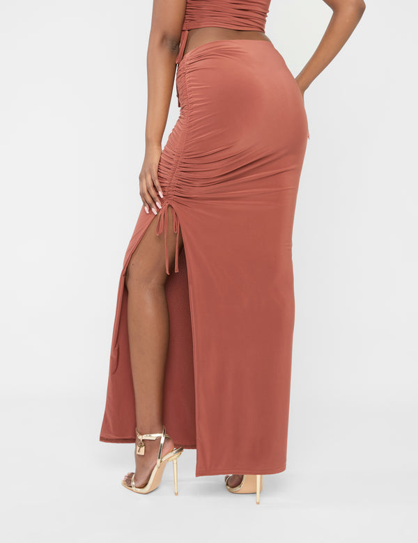 Public Desire Split Leg Ruched Detail Slinky Maxi Skirt Rust