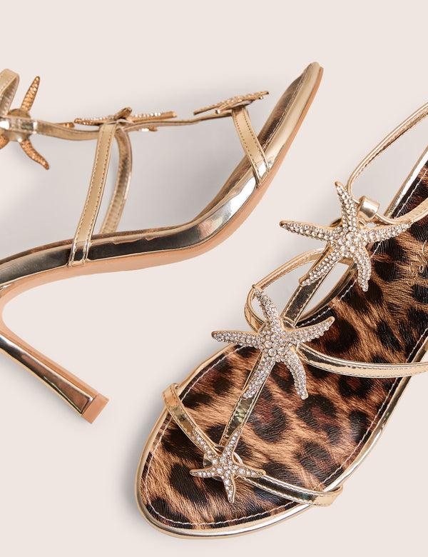 Public Desire Starburst Gold Mirror Pu Starfish Detail Leopard Stiletto High Heels