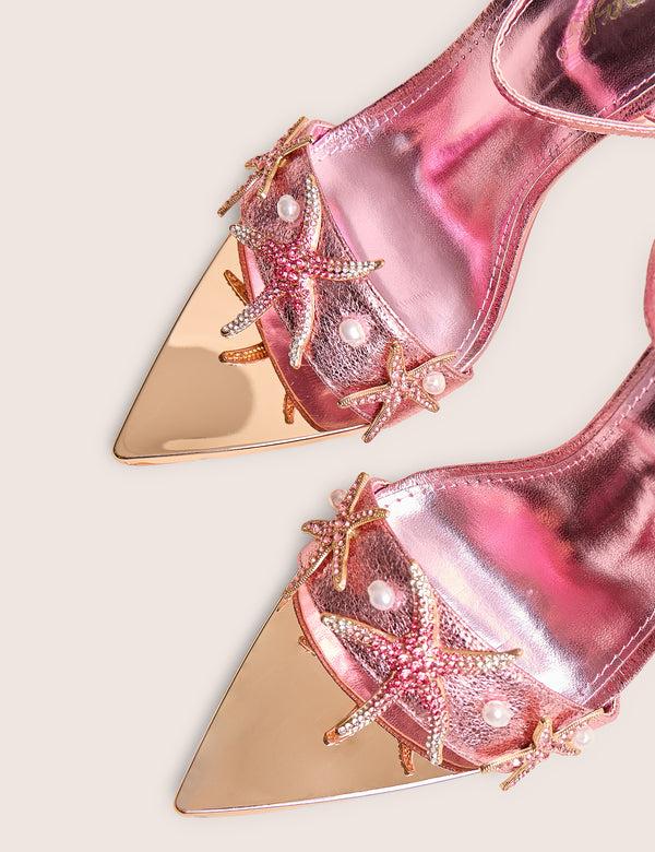 Public Desire Starfish Pink Metallic Pu Pointed Toe Starfish Trim Stiletto High Heels