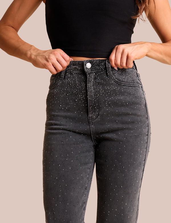 Public Desire Straight Leg Stretch Stud Detail Black Jeans