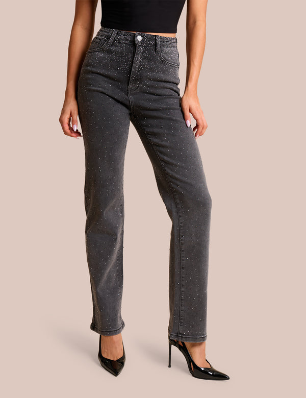 Public Desire Straight Leg Stretch Stud Detail Black Jeans