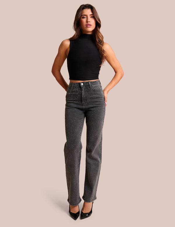 public desire Straight Leg Stretch Stud Detail Black Jeans