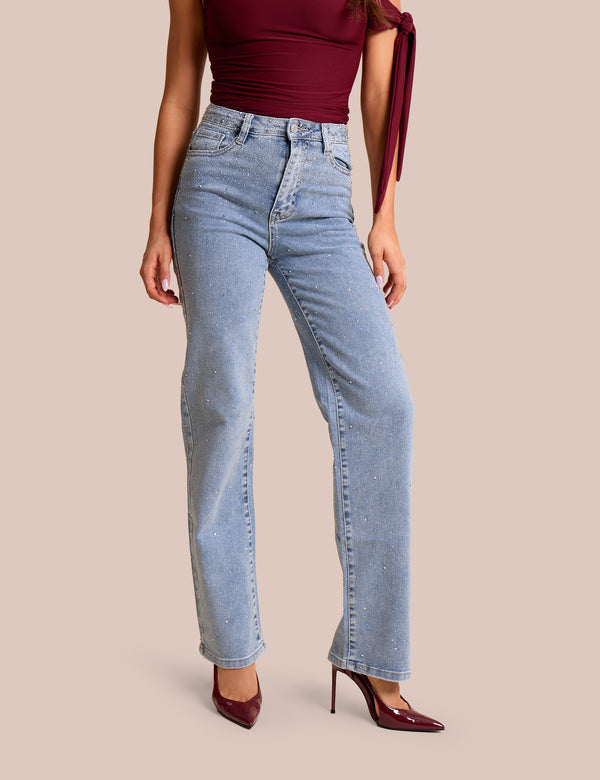 Public Desire Straight Leg Stud Detail Denim Jeans Blue