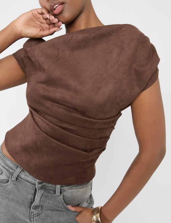 Public Desire Suedette One Shoulder Ruched Top Chocolate
