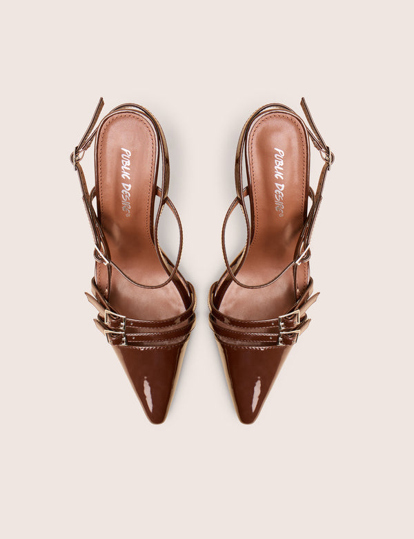 Public Desire Sushi Brown Patent Buckle Detail Slingback Court Shoes