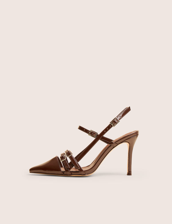 public desire Sushi Brown Patent Buckle Detail Slingback Court Shoes
