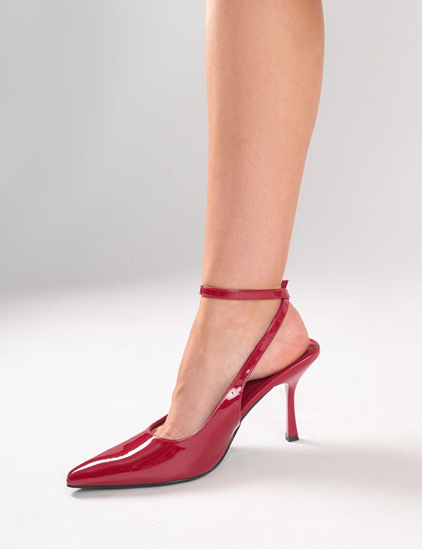 Public Desire Sweet Talk Wide Fit Burgundy Ankle Strap Court Heels