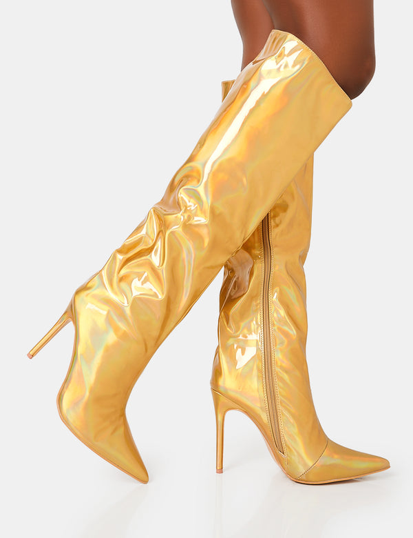 Public Desire Tai Wide Fit Gold Metallic Pointed Toe Stiletto Knee High Boots