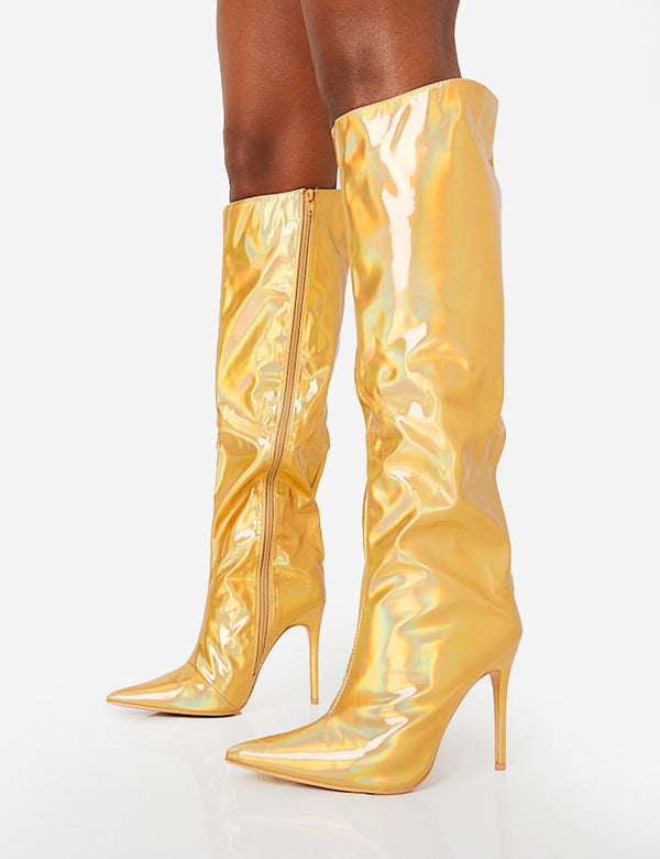 Public Desire Tai Wide Fit Gold Metallic Pointed Toe Stiletto Knee High Boots