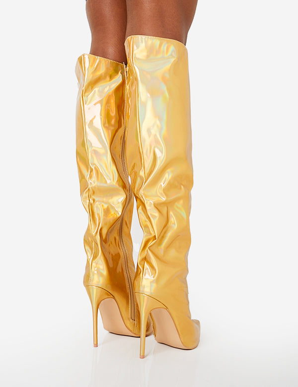 Public Desire Tai Wide Fit Gold Metallic Pointed Toe Stiletto Knee High Boots