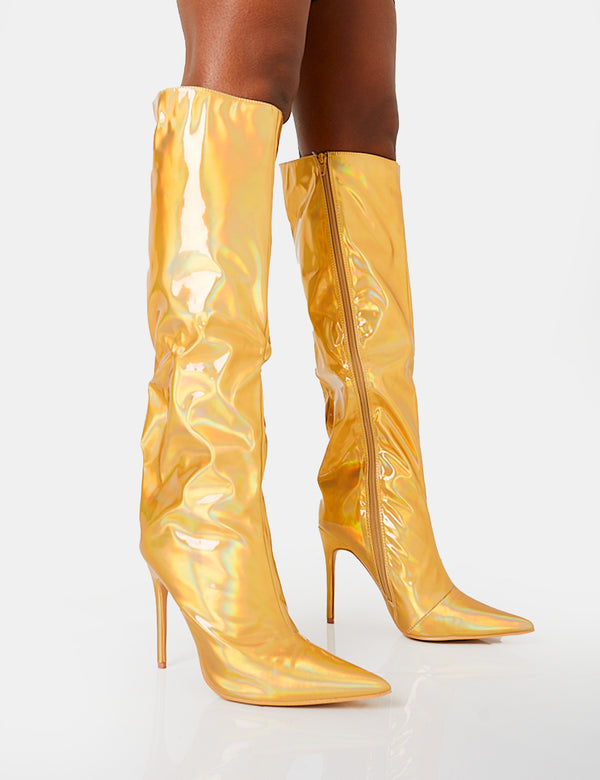 public desire Tai Wide Fit Gold Metallic Pointed Toe Stiletto Knee High Boots