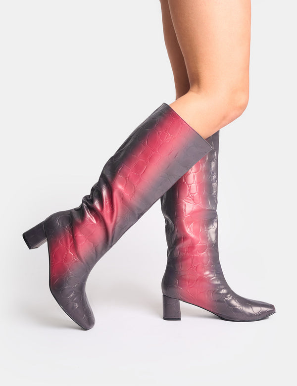 Public Desire Tamira Red Ombre Block Heel Knee High Boots