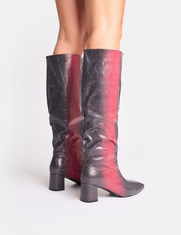 Public Desire Tamira Red Ombre Block Heel Knee High Boots