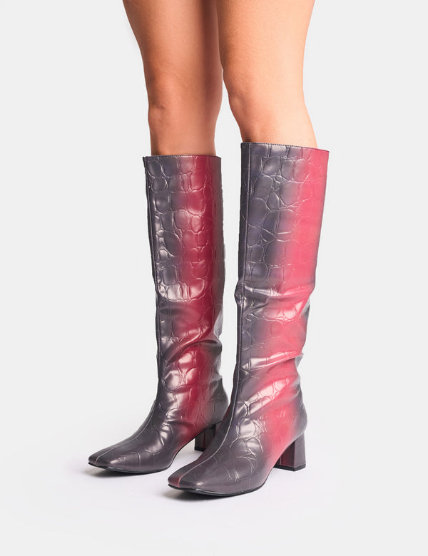 Public Desire Tamira Red Ombre Block Heel Knee High Boots