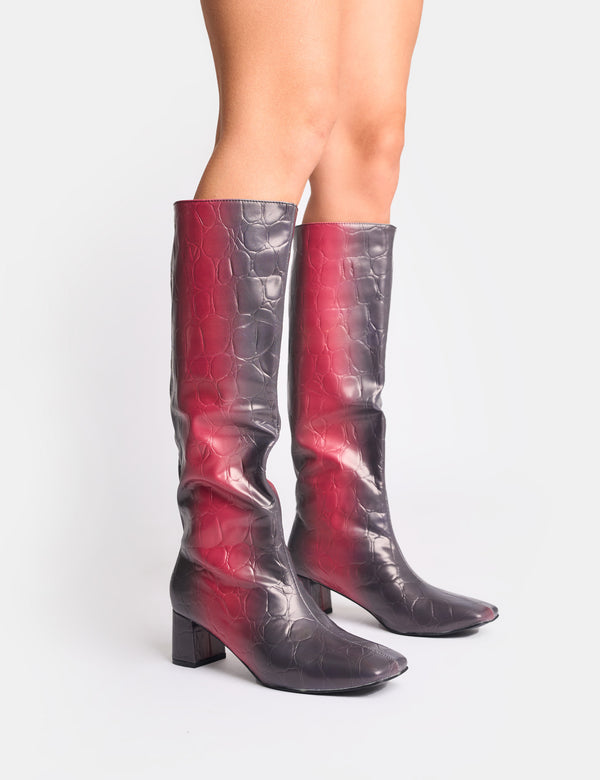 public desire Tamira Red Ombre Block Heel Knee High Boots