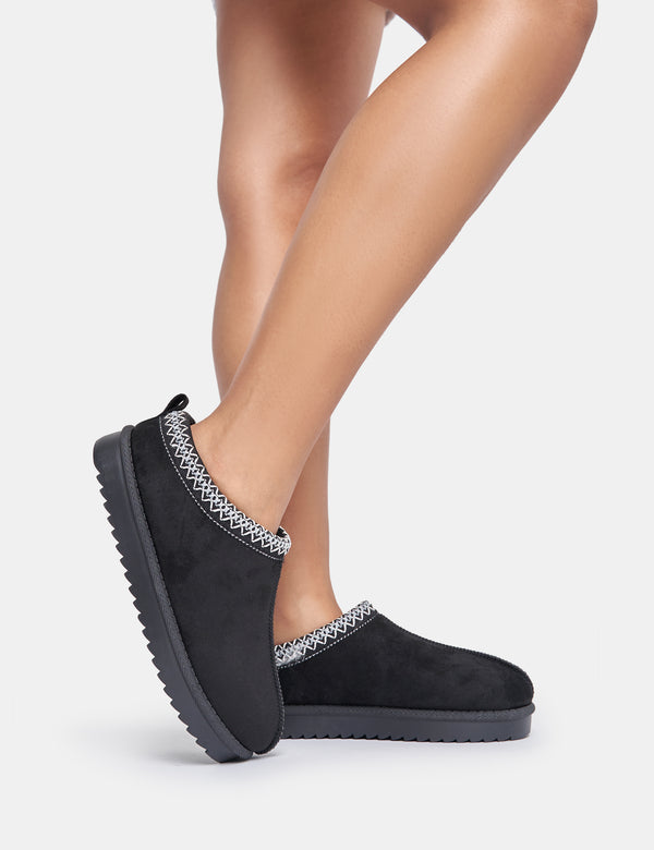 Public Desire Tamsin Black Faux Suede Embroidered Slipper Boots