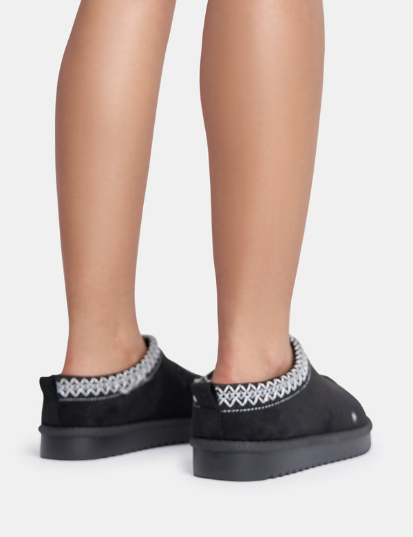 Public Desire Tamsin Black Faux Suede Embroidered Slipper Boots