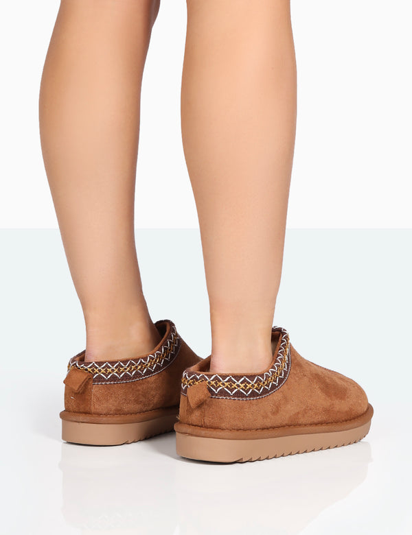 Public Desire Tamsin Tan Faux Suede Embroidered Slipper Boots