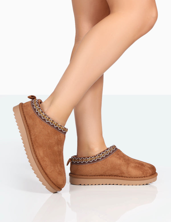 public desire Tamsin Tan Faux Suede Embroidered Slipper Boots