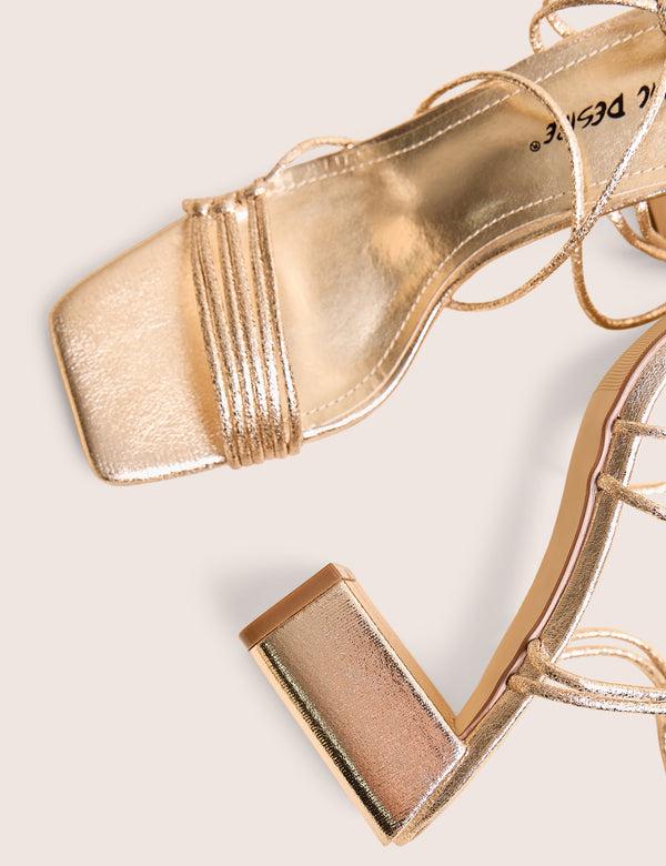 Public Desire Taryn Gold Knotted Upper Block Heel Sandals