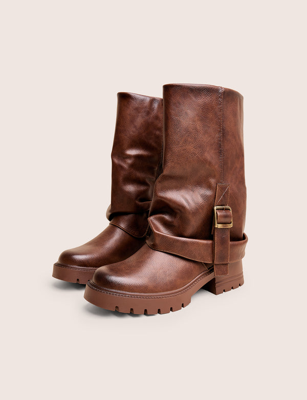 Public Desire Terry Chocolate Brown Fold Over Buckle Detail Ankle Boots