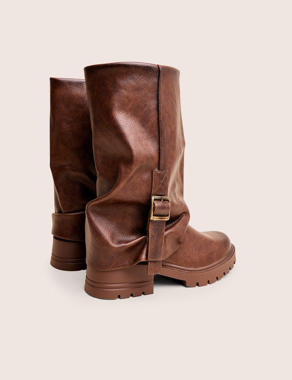 Public Desire Terry Chocolate Brown Fold Over Buckle Detail Ankle Boots