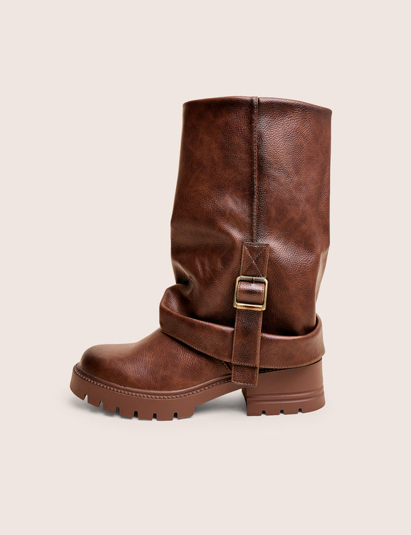 public desire Terry Chocolate Brown Fold Over Buckle Detail Ankle Boots