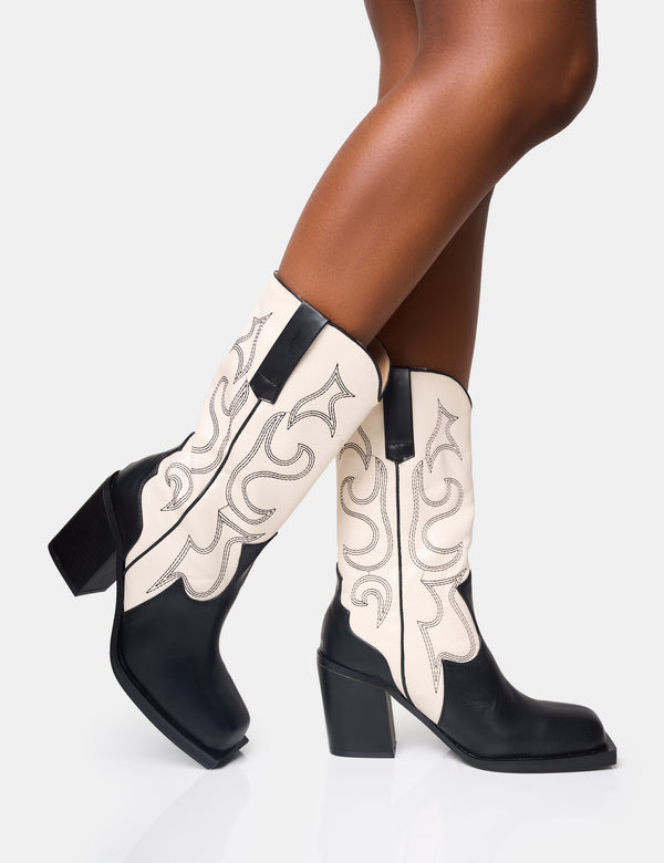 public desire Texas Black and Ecru Western Block Heel Ankle Boots public desire Texas Black and Ecru Western Block Heel Ankle Boots