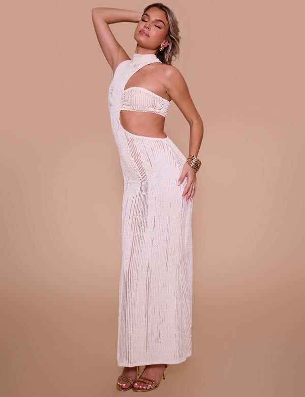 Public Desire Textured Asymmetric Cut Out Maxi Dress Cream