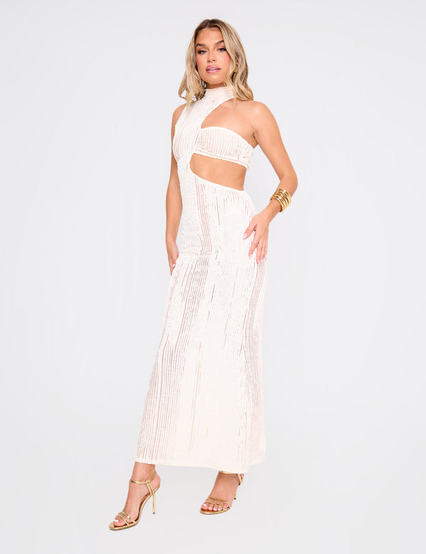 Public Desire Textured Asymmetric Cut Out Maxi Dress Cream
