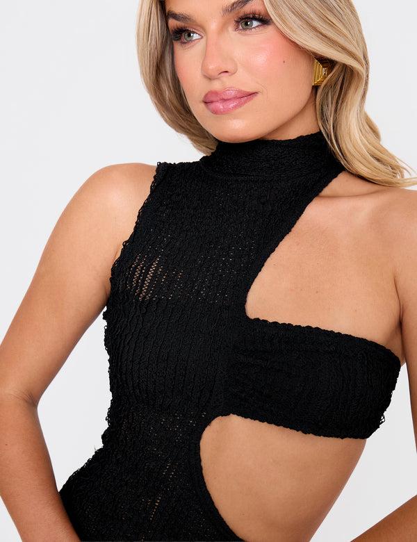 Public Desire Textured Asymmetric Cut Out Mini Dress Black