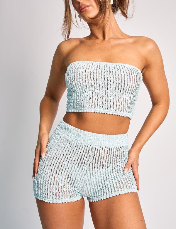 Public Desire Textured High Waisted Micro Shorts Co Ord Blue
