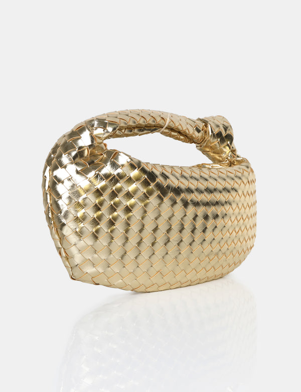 Public Desire The Blame Metallic Gold Woven PU Knot Detail Mini Grab Bag