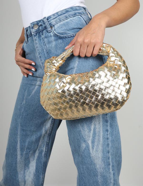 Public Desire The Blame Metallic Gold Woven PU Knot Detail Mini Grab Bag