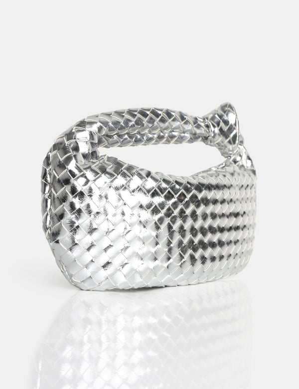 Public Desire The Blame Metallic Silver Mirror Woven PU Knot Detail Mini Grab Bag
