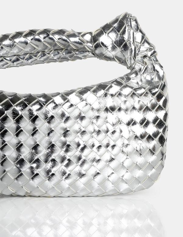 Public Desire The Blame Metallic Silver Mirror Woven PU Knot Detail Mini Grab Bag