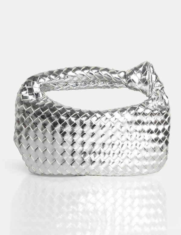 public desire The Blame Metallic Silver Mirror Woven PU Knot Detail Mini Grab Bag