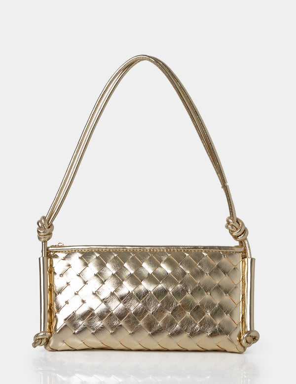 Public Desire The Tate Gold Woven Oblong Knotted Handle Shoulder Bag