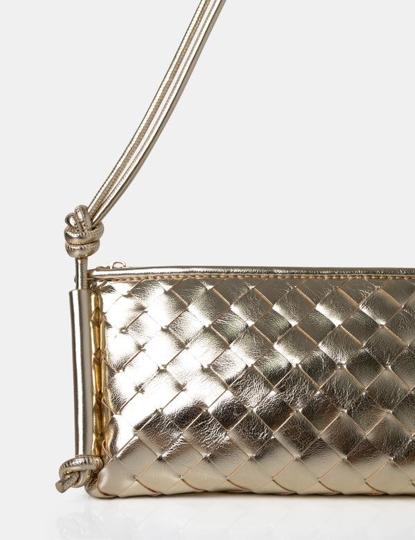Public Desire The Tate Gold Woven Oblong Knotted Handle Shoulder Bag