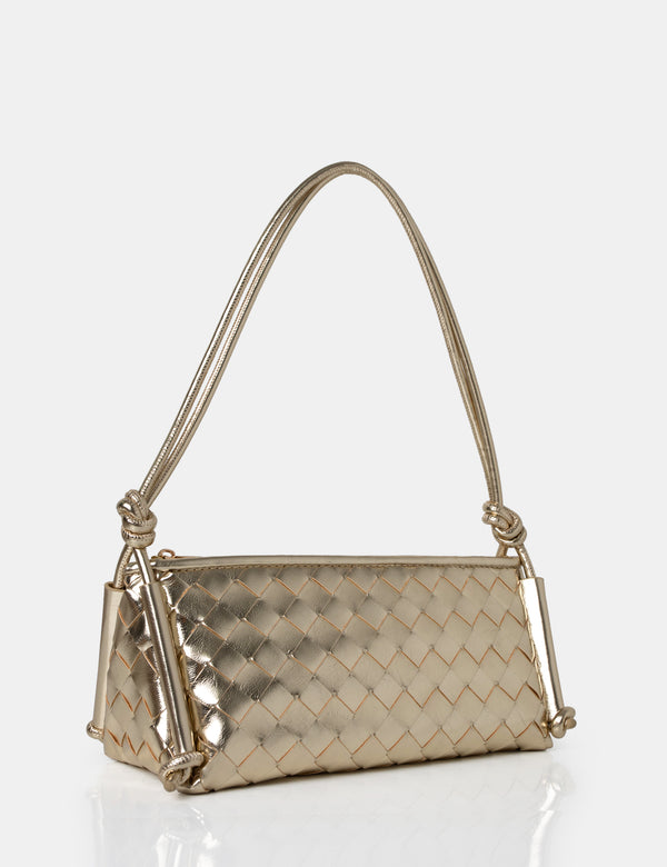 public desire The Tate Gold Woven Oblong Knotted Handle Shoulder Bag