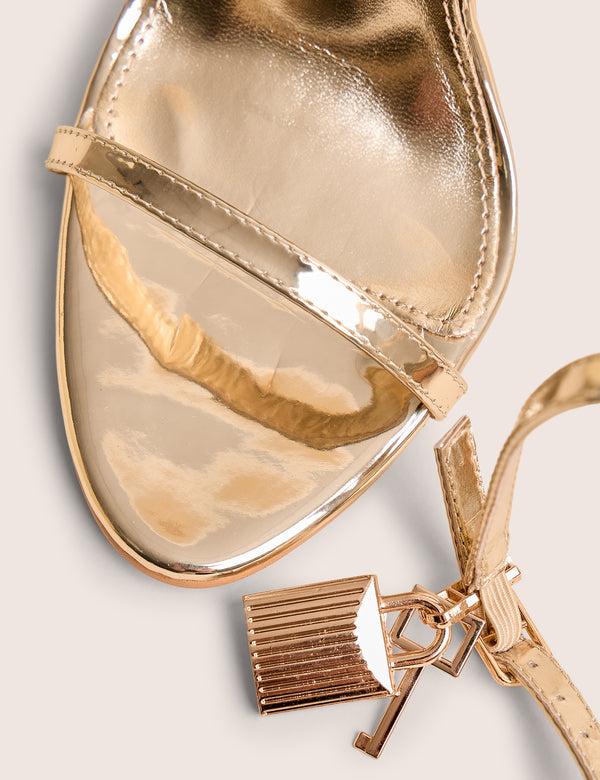 Public Desire Ti Amo Gold Metallic PU Padlock Detail Barely There Pointed Toe Stilettos Heels