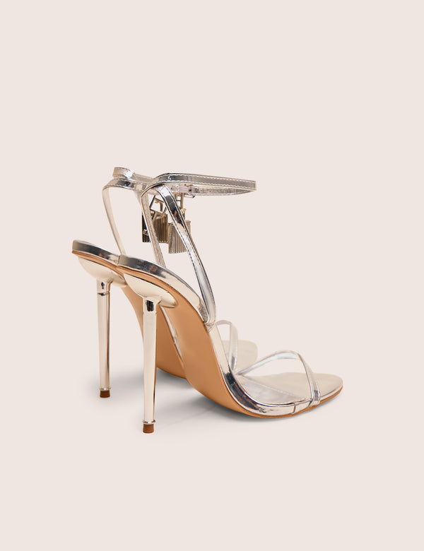 Public Desire Ti Amo Silver Metallic Pu Padlock Detail Barely There Pointed Toe Stilettos Heels