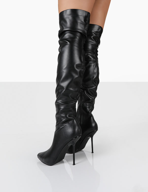 Public Desire Tianna Black PU Pointed Toe Over The Knee Stiletto Boots