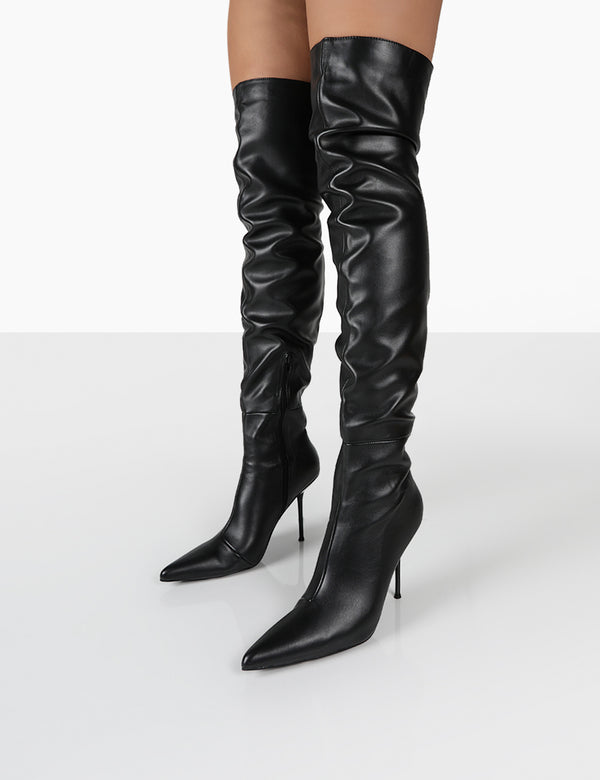 Public Desire Tianna Black PU Pointed Toe Over The Knee Stiletto Boots